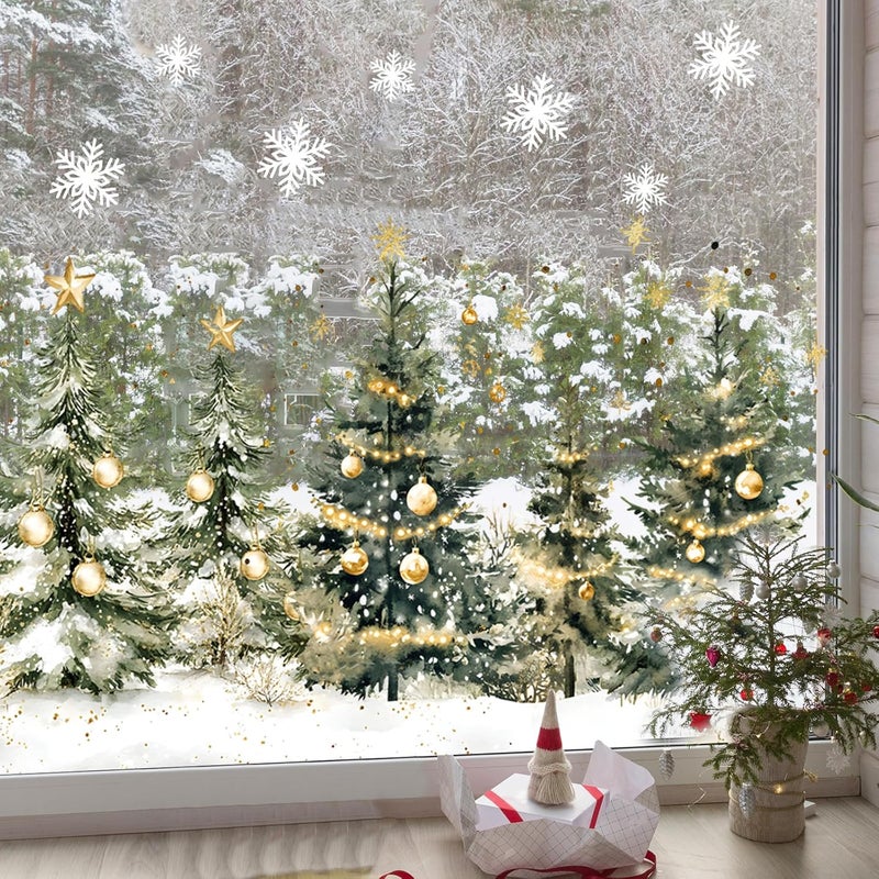 Whaline 9 Sheets Christmas Window Clings Window Decals Watercolor Xmas Tree Ball Winter Forest Reusable Anti-Collision PVC Stickers for Holiday Home Glass Mirror Decor - Image 4